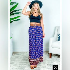 Women's Tribal Print Maxi Skirt Slit Side High Waist Belted Long Skirt Bohemian